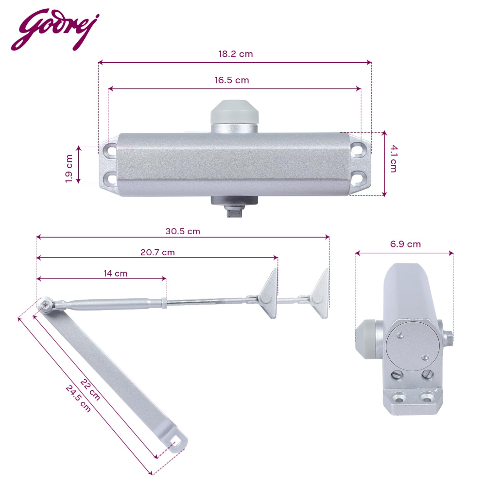 Godrej Door Closer | Cerus Universal Door Closer I Sleek Silver Finish | Max Door Weight: 85kg | Max Door Width: 1250mm | 180 degree Opening Angle | Adjustable Closing Speed